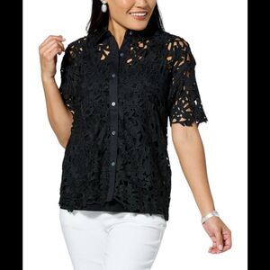 WynneCollection Women's Abstract Floral Lace Top Black - Regular